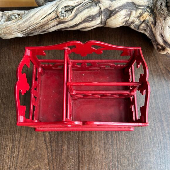 Vintage cast-iron red enamel flatware or desk caddy organizer - Picture 5 of 9